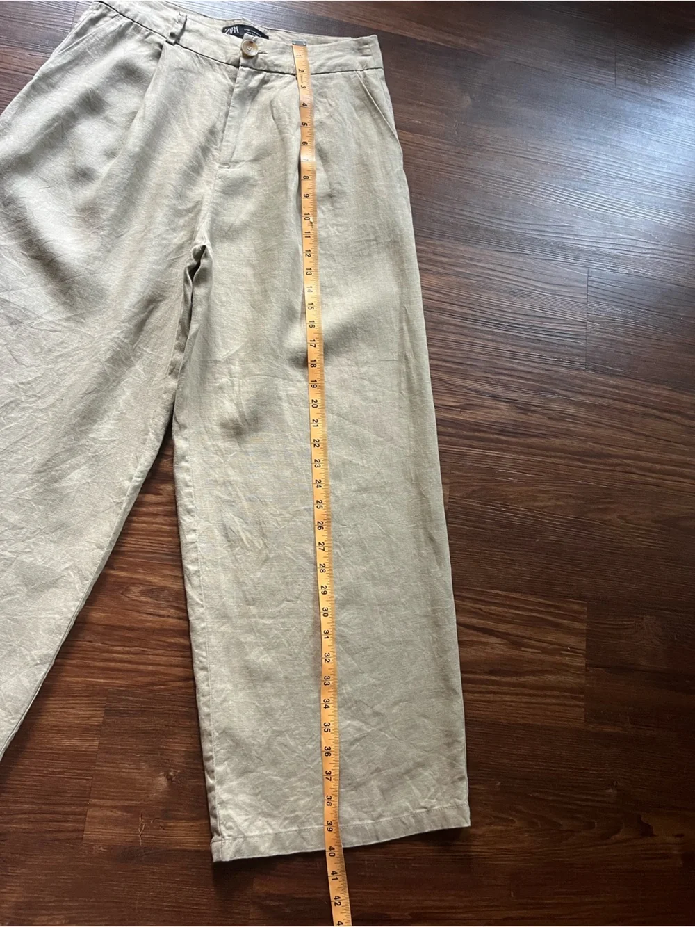 Zara Relaxed Linen Wide Leg Crop Trouser Pleat Front Pant Khaki Tan Size M
